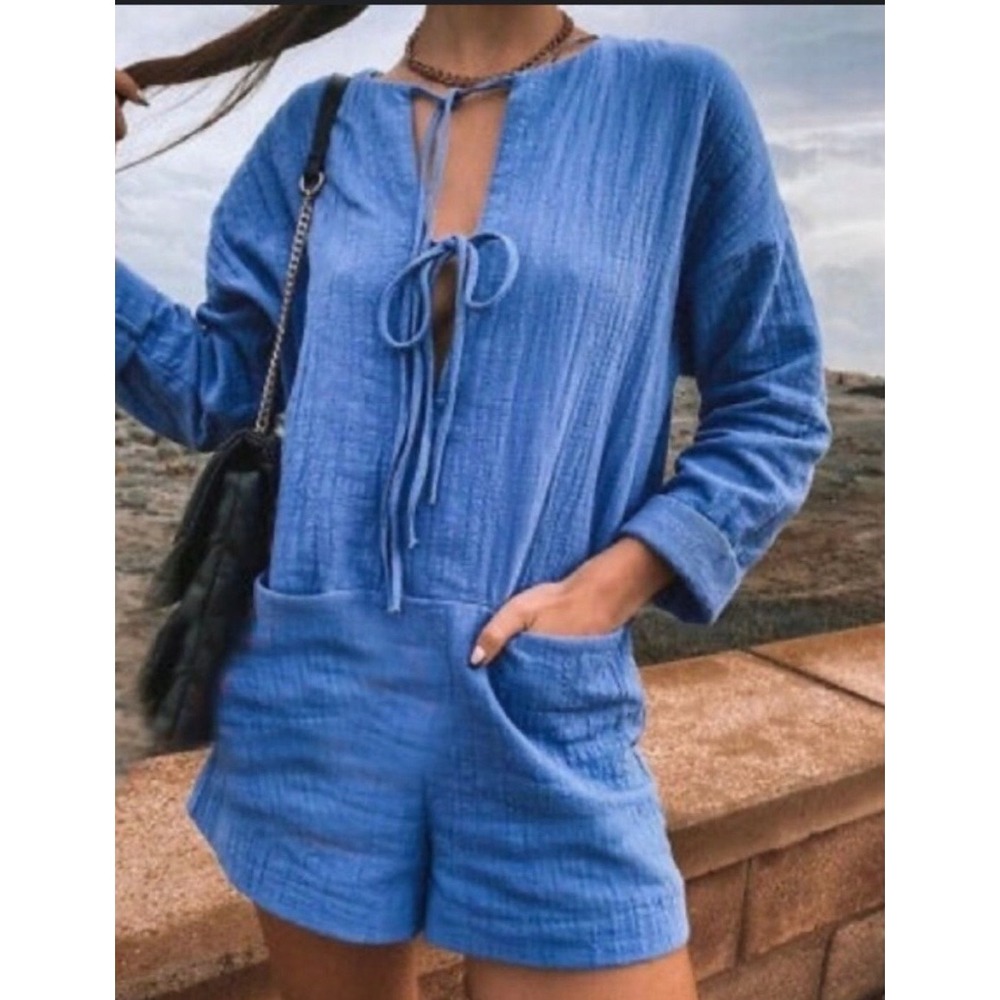 Zara Blue Textured Cotton Tie Front Long Sleeve Romper Playsuit S